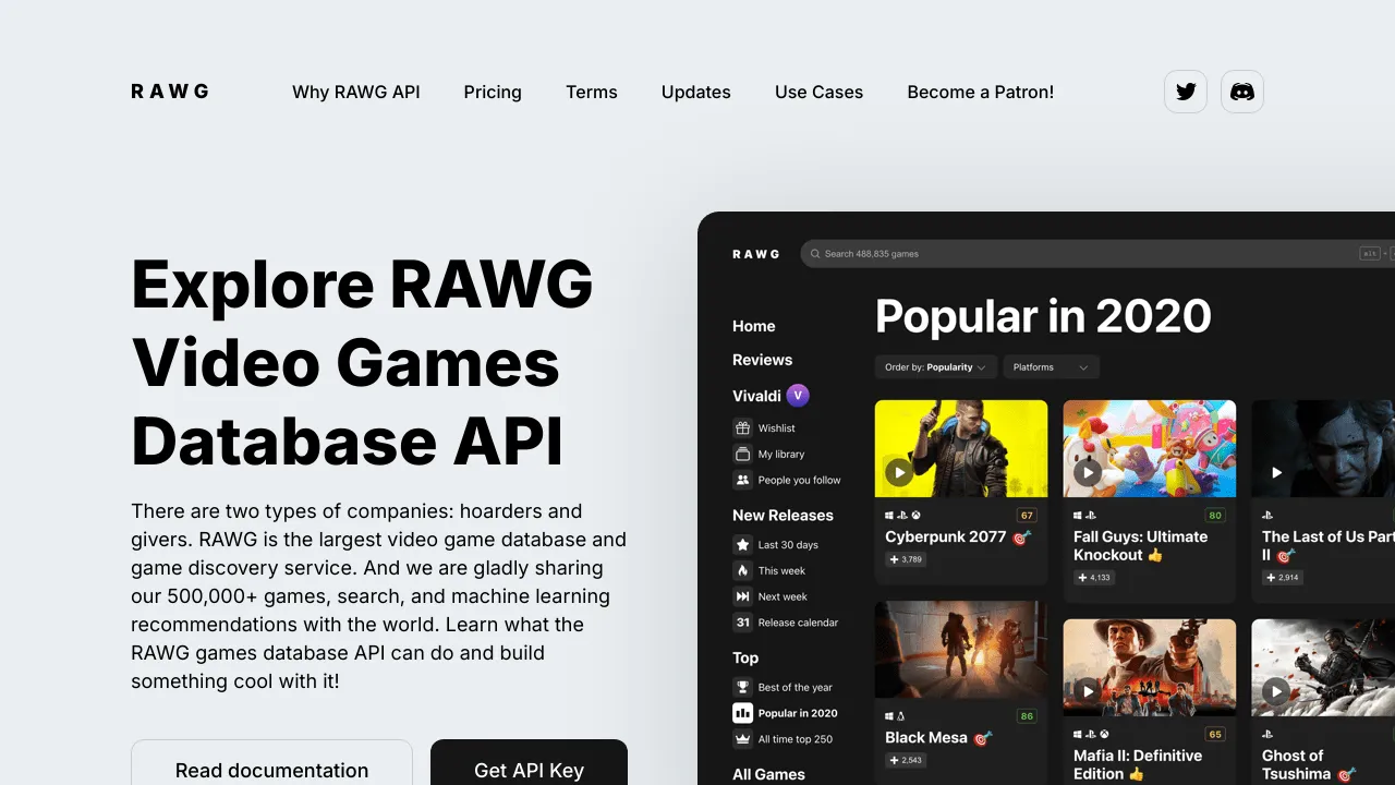Screenshot of RAWG Video Games Database website