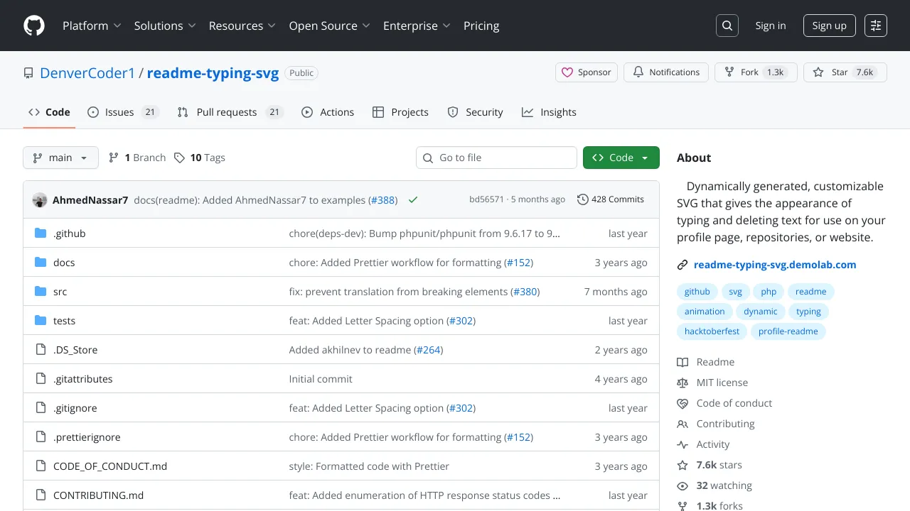 Screenshot of Readme typing SVG website
