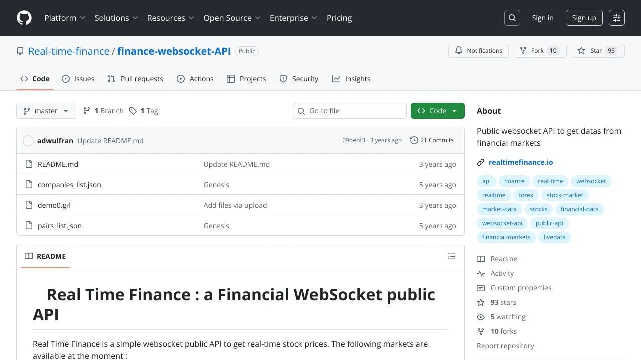 Screenshot of Real Time Finance website