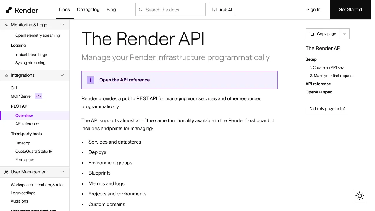 Screenshot of Render API website