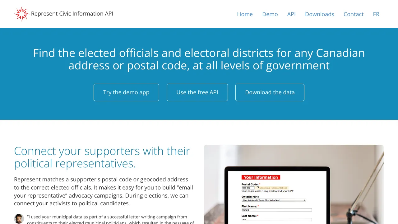 Screenshot of Represent Open North website