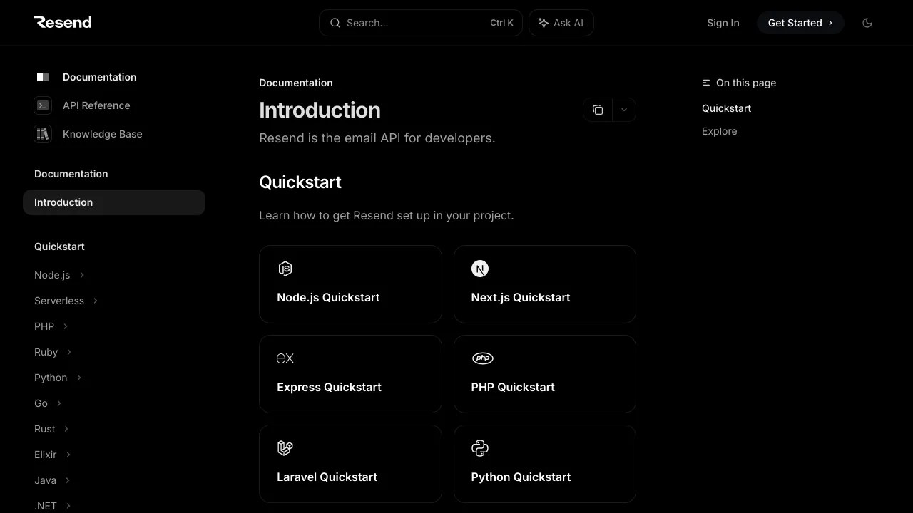 Screenshot of Resend website