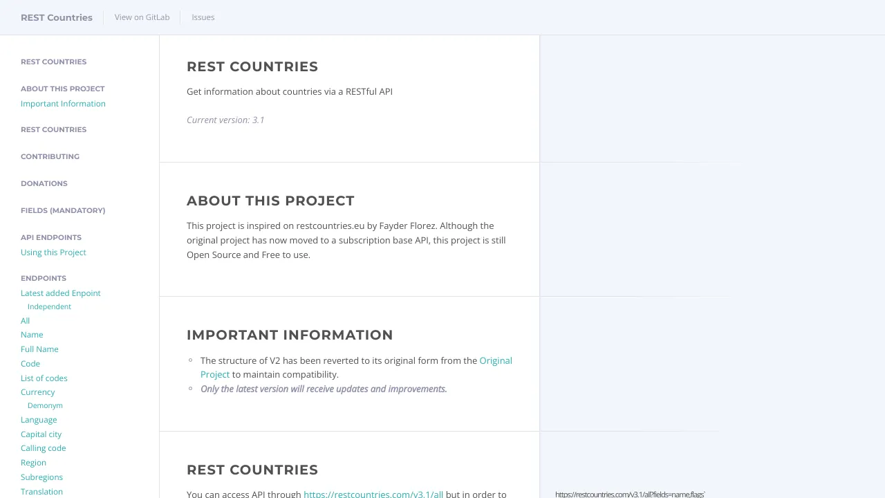 Screenshot of REST Countries website