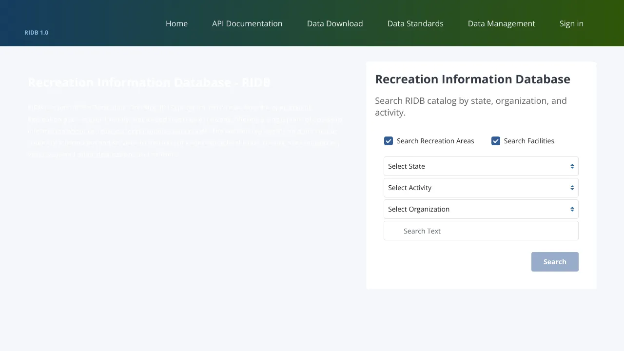 Screenshot of RIDB website