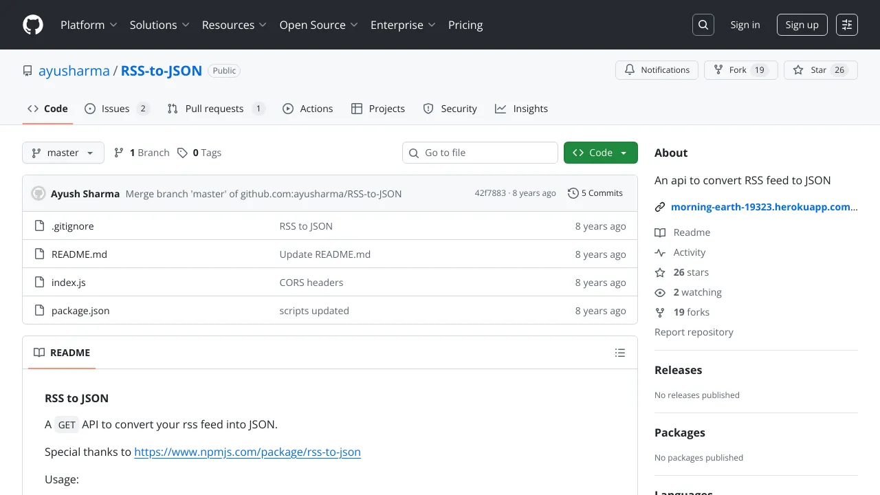 Screenshot of RSS to JSON website