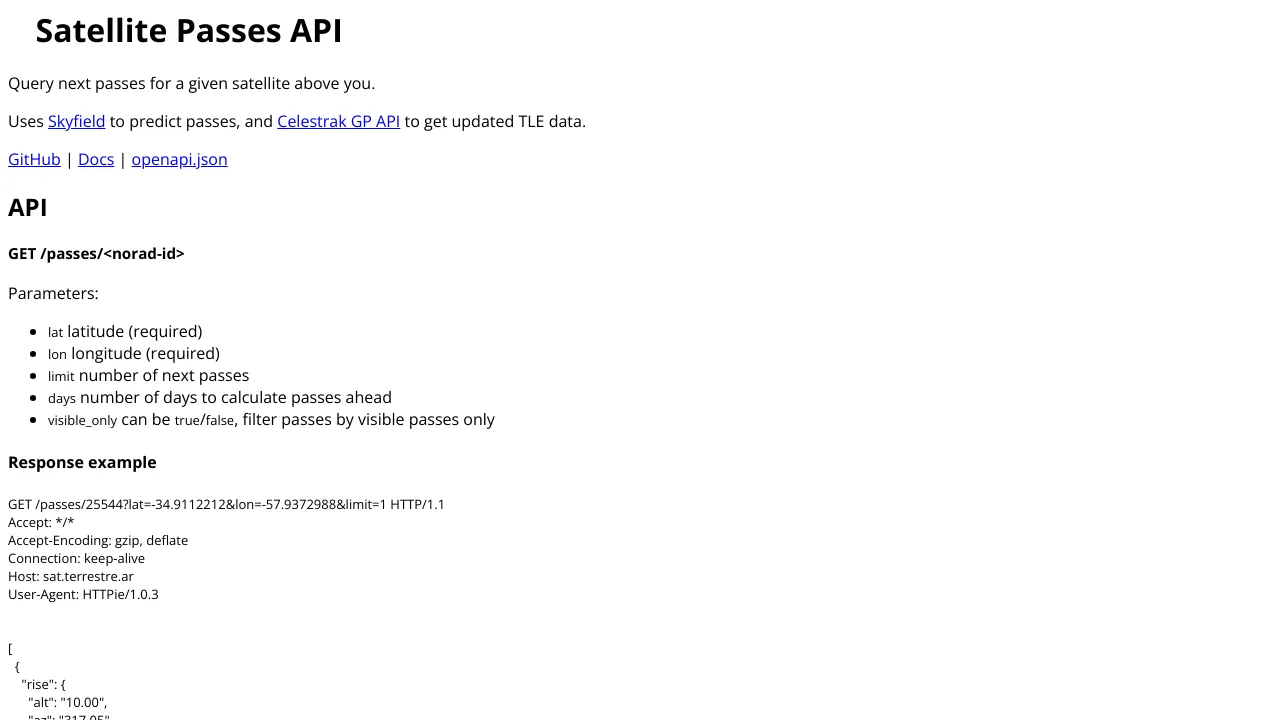 Screenshot of Satellite Passes website
