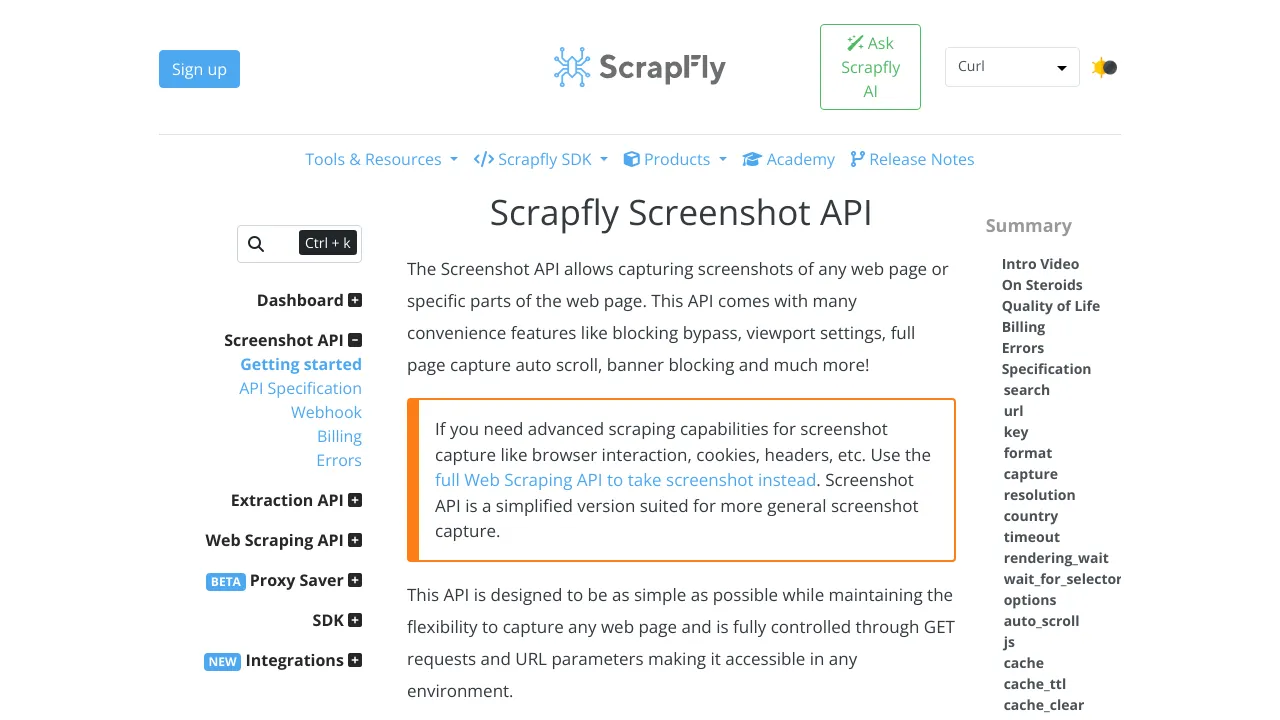 Screenshot of Scrapfly Screenshot API website