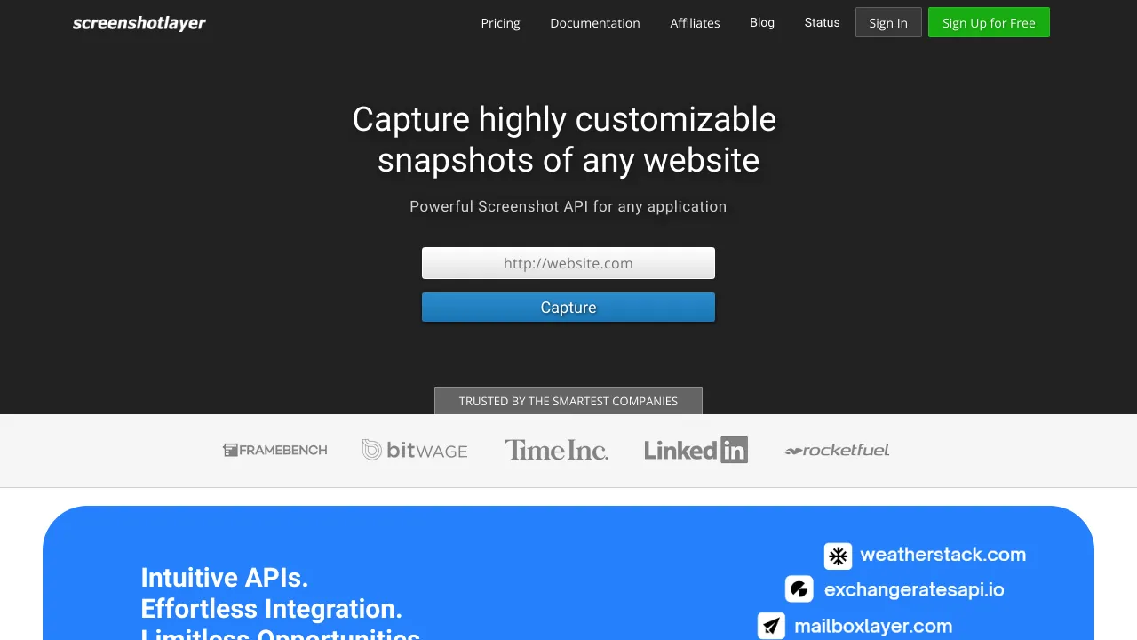 Screenshot of Screenshotlayer API website