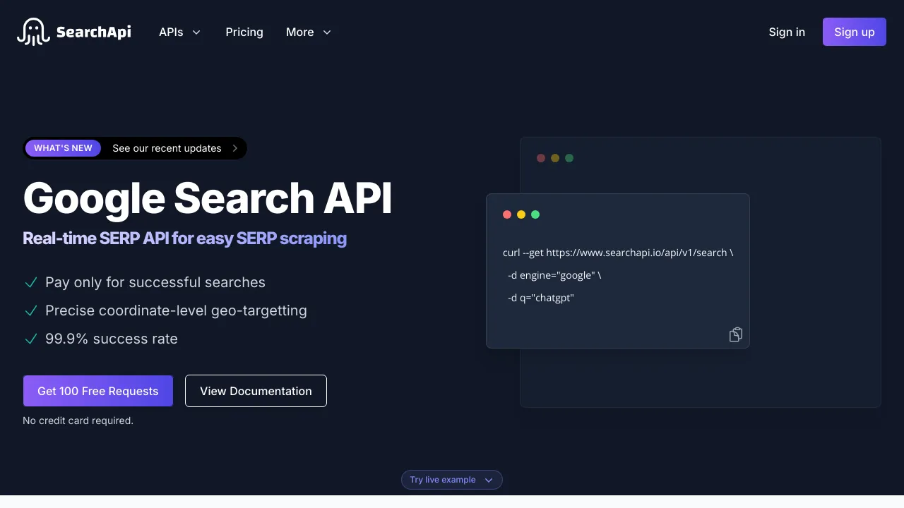 Screenshot of SearchApi website