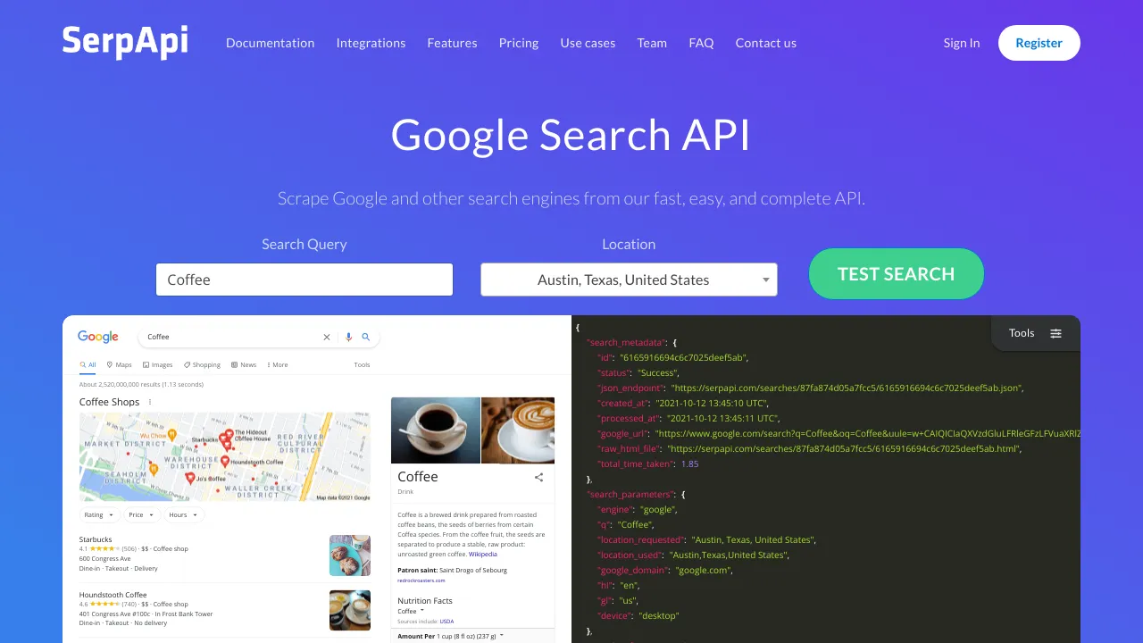 Screenshot of SerpApi - Search API website