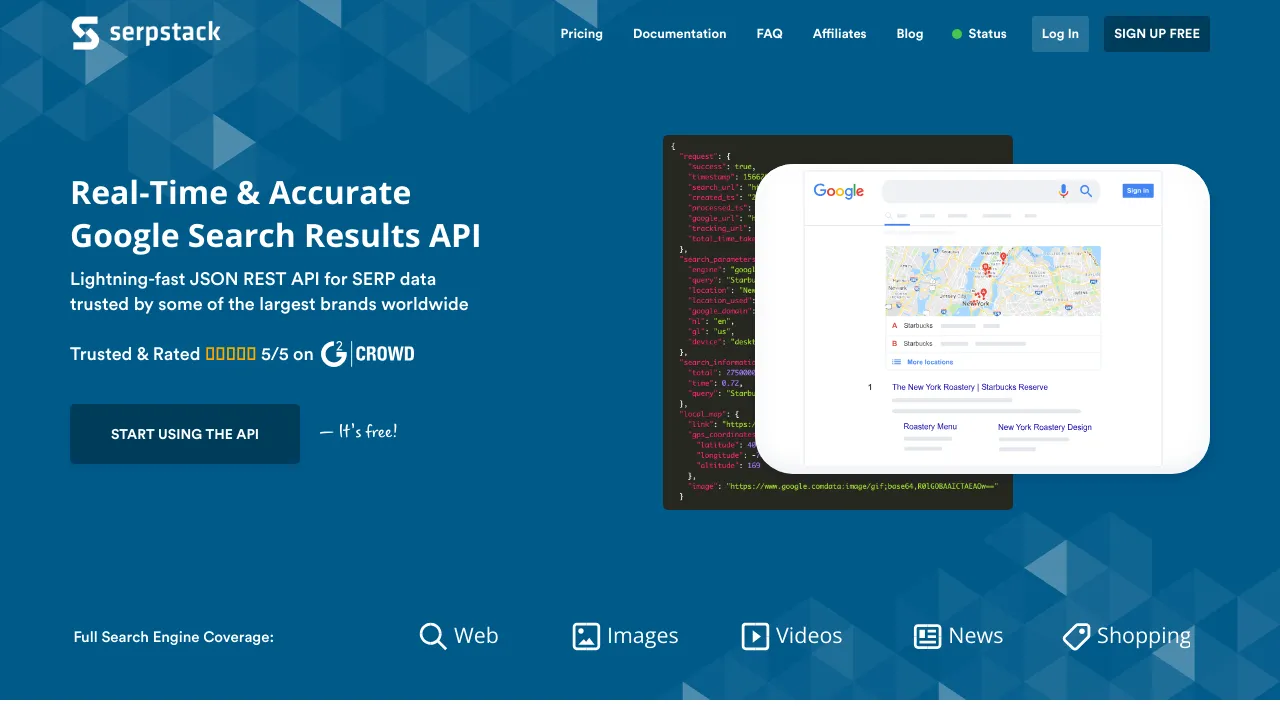 Screenshot of Serpstack website