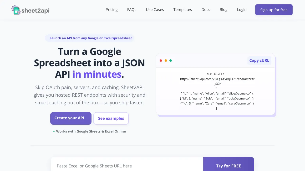 Screenshot of Sheet2API website