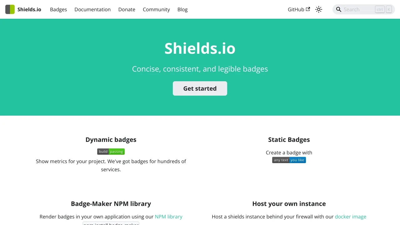 Screenshot of Shields.io website