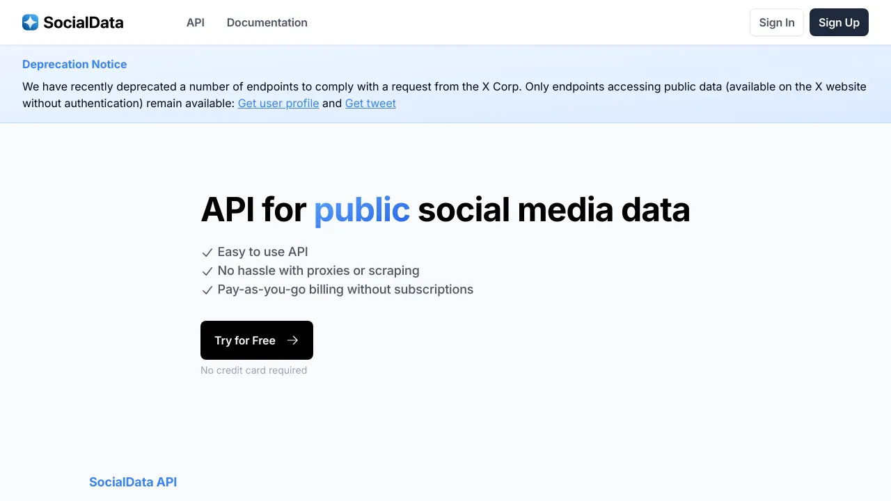 Screenshot of SocialData API website