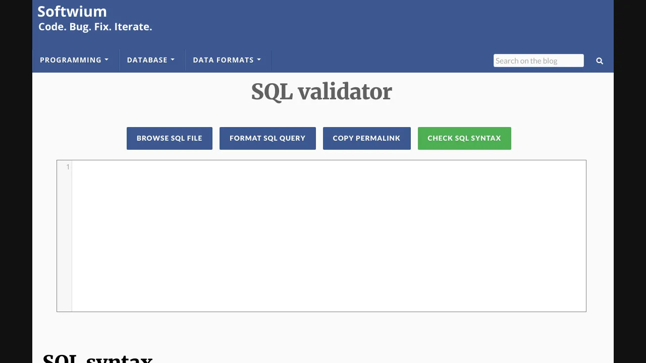 Screenshot of Softwium SQL Validator website