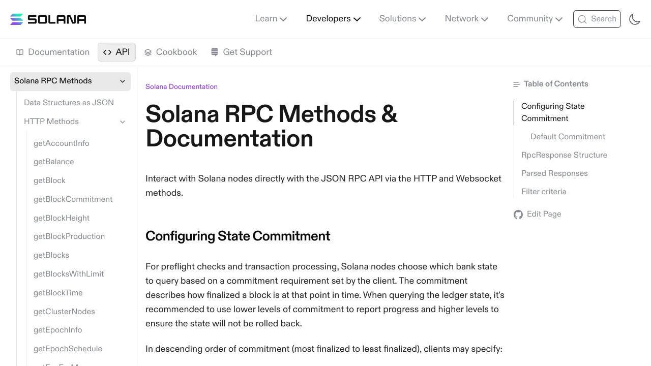 Screenshot of Solana JSON RPC website