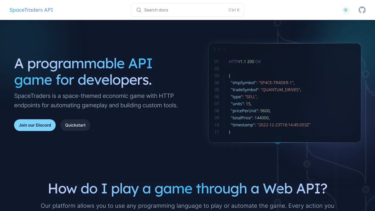 Screenshot of SpaceTradersAPI website