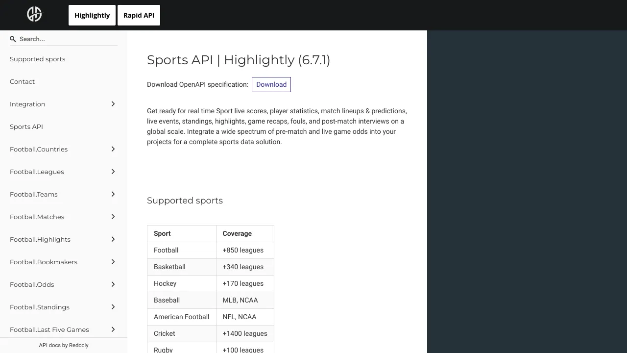 Screenshot of Sport Highlights API website