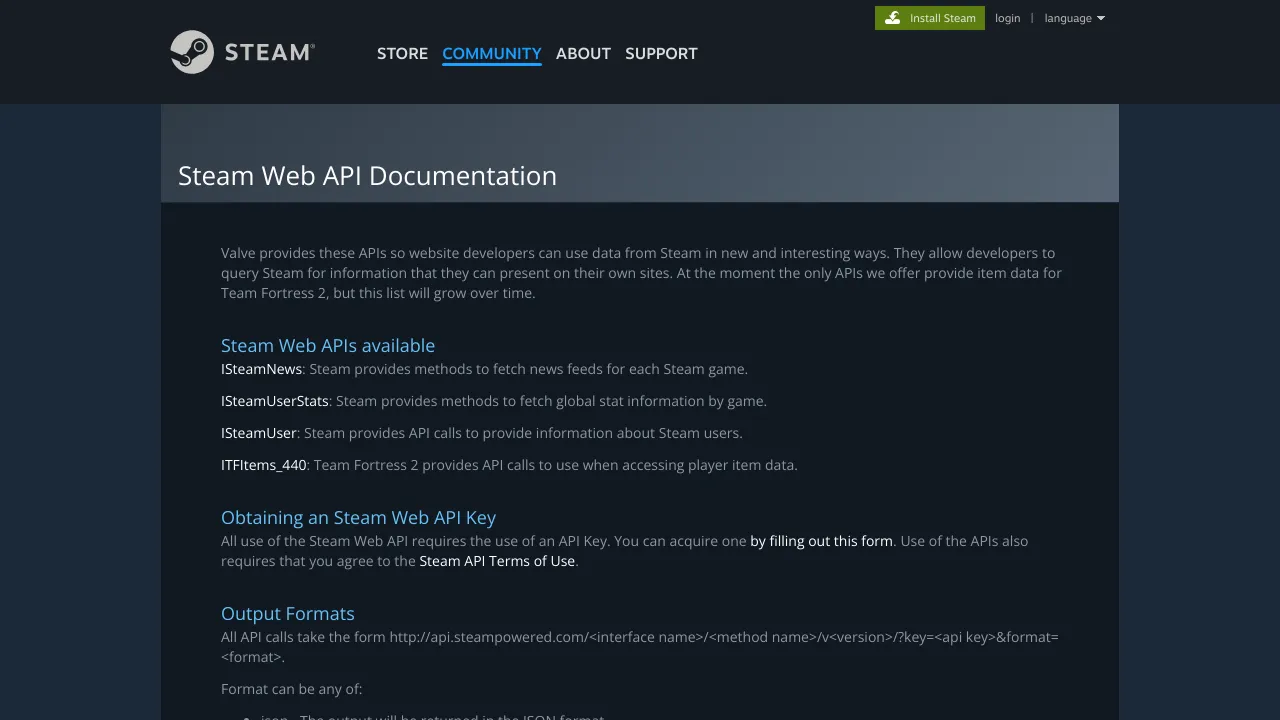 Screenshot of Steam website