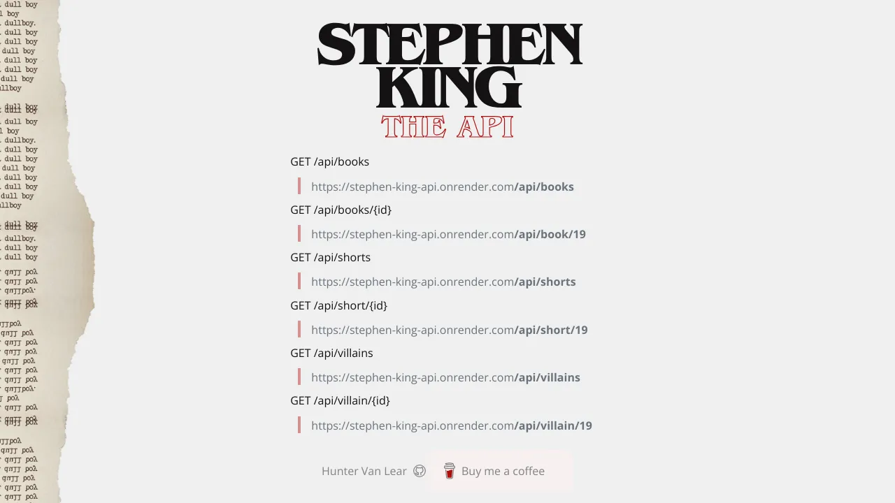 Screenshot of Stephen King API website