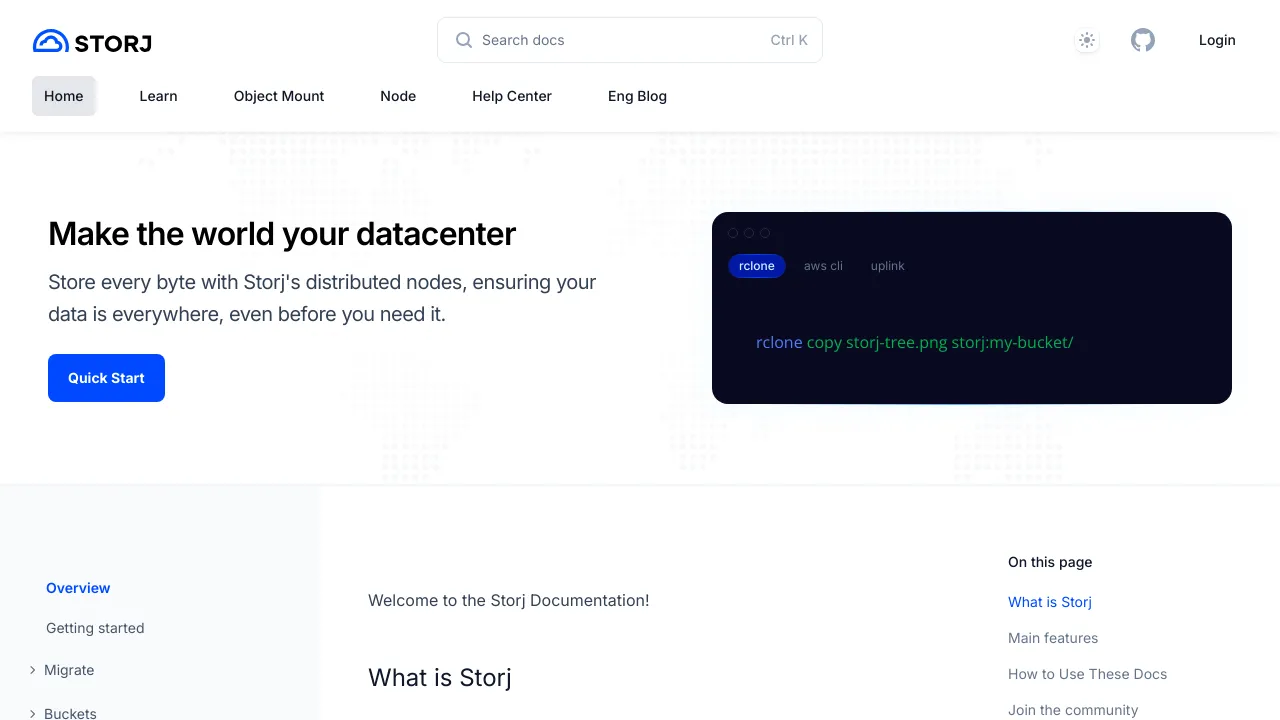 Screenshot of Storj website