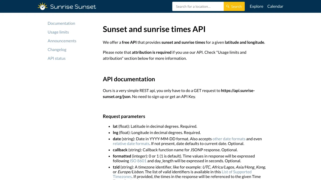 Screenshot of Sunrise and Sunset website