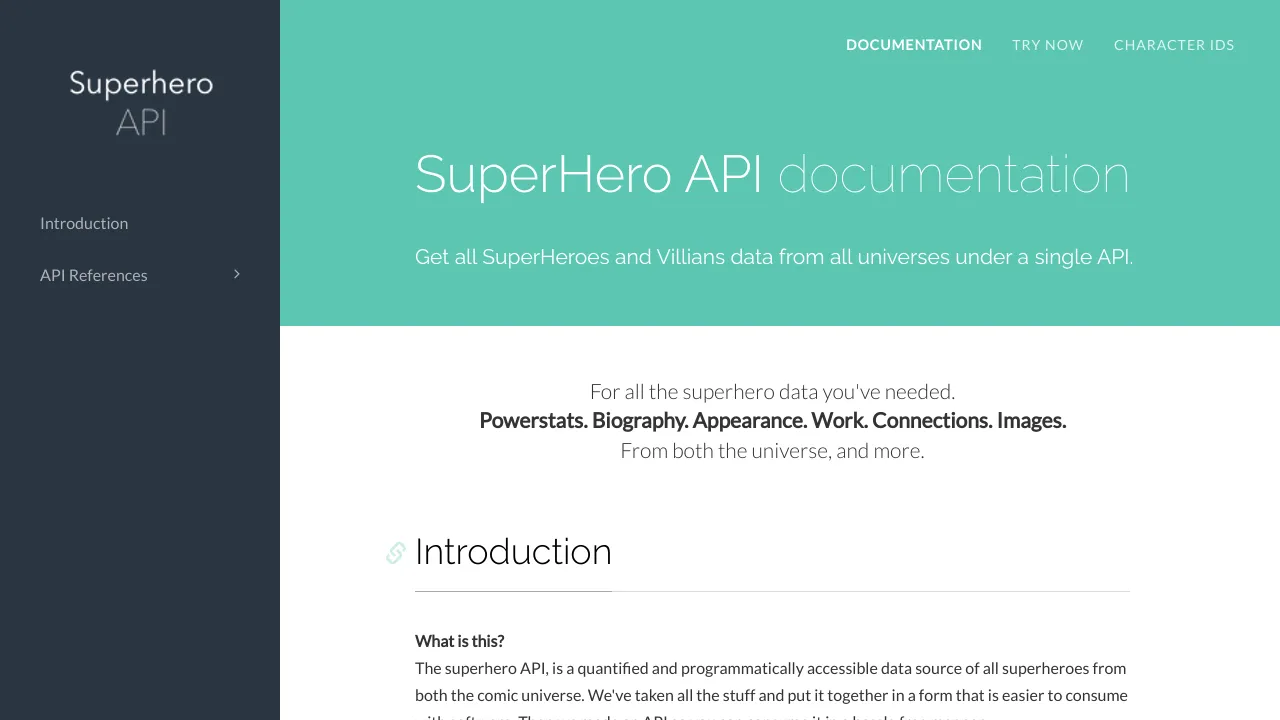 Screenshot of SuperHeroAPI website