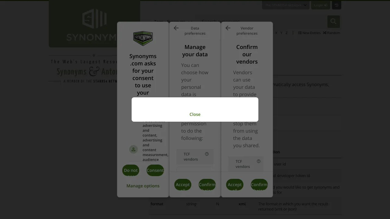 Screenshot of Synonyms website