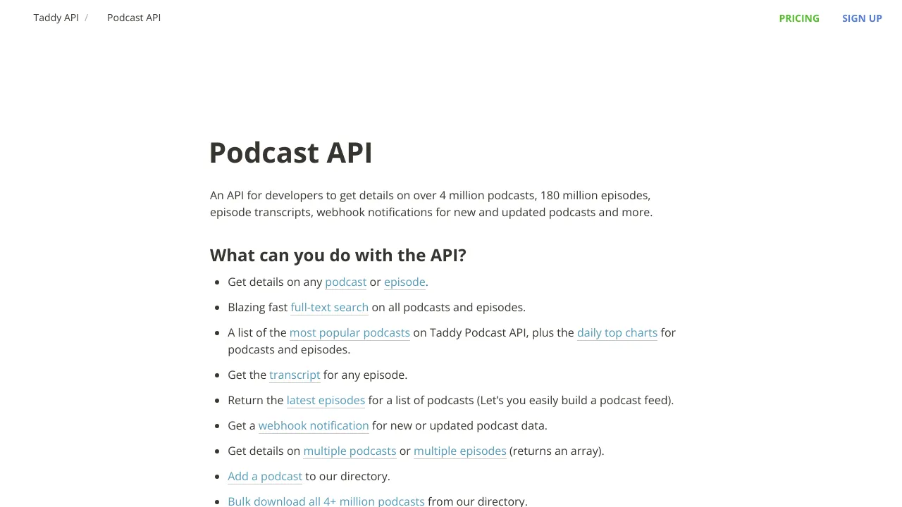 Screenshot of Taddy Podcasts website