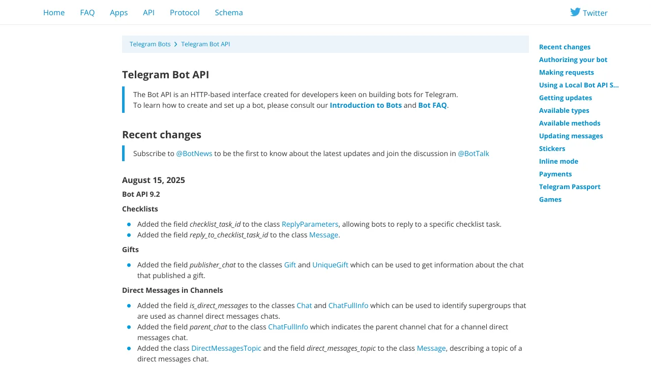 Screenshot of Telegram Bot API website