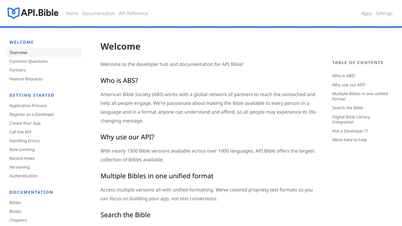 Screenshot of The Bible API website
