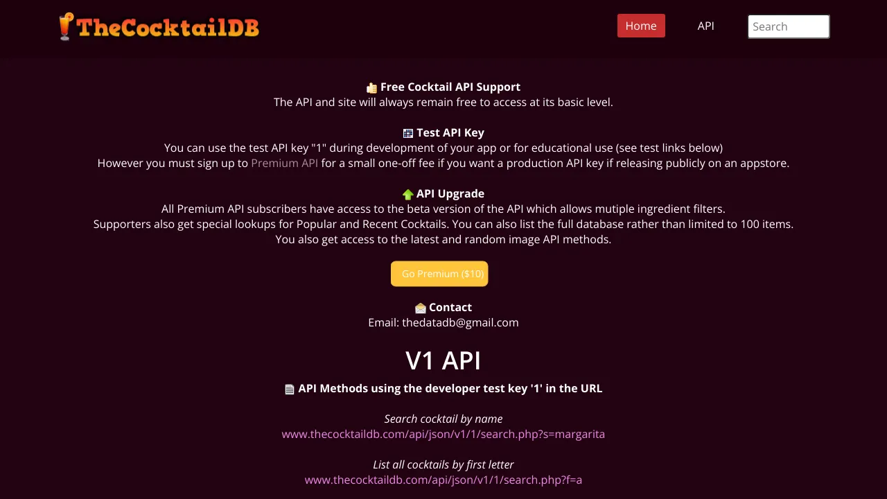 Screenshot of TheCocktailDB website