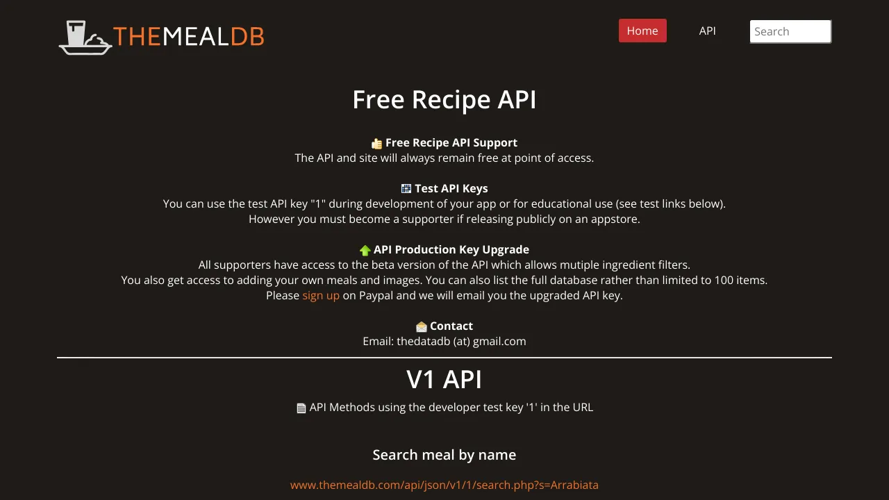 Screenshot of TheMealDB website