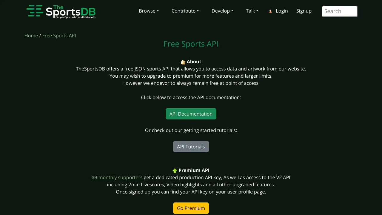 Screenshot of TheSportsDB website