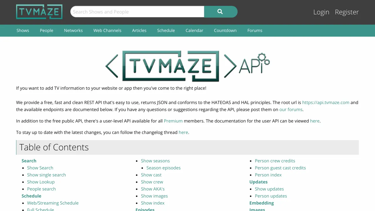 Screenshot of TVMaze website