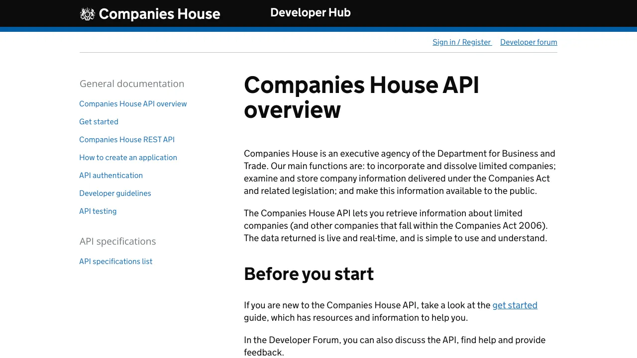 Screenshot of UK Companies House website