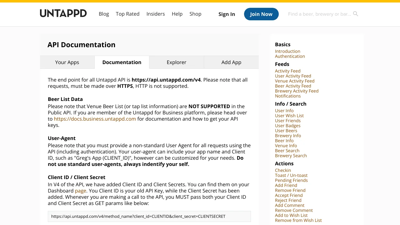 Screenshot of Untappd website