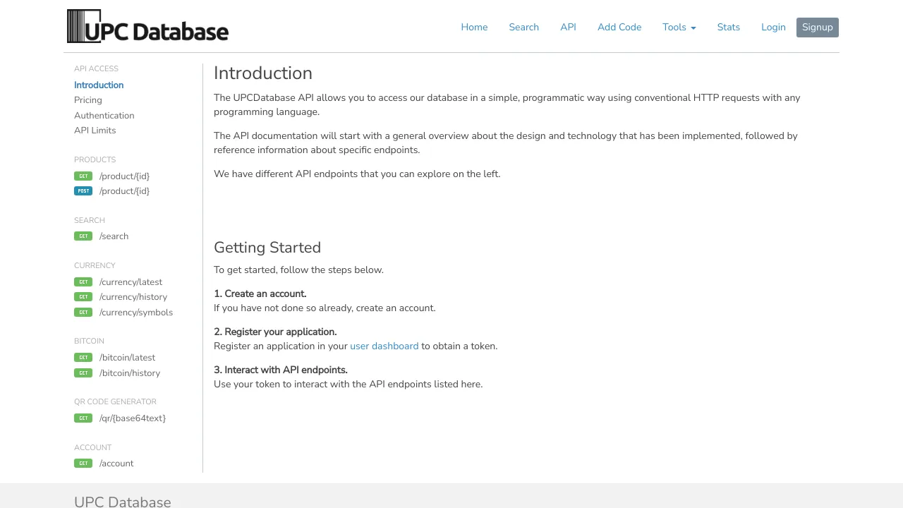 Screenshot of UPC Database website