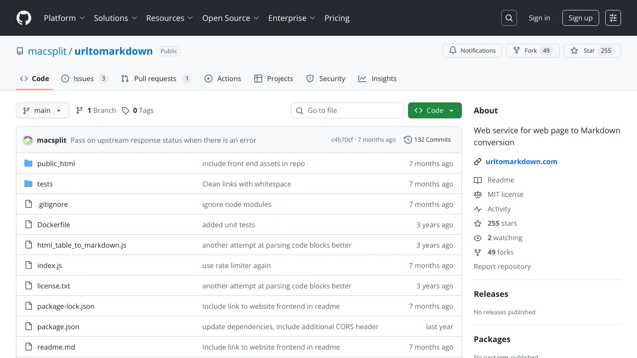 Screenshot of URL to Markdown website