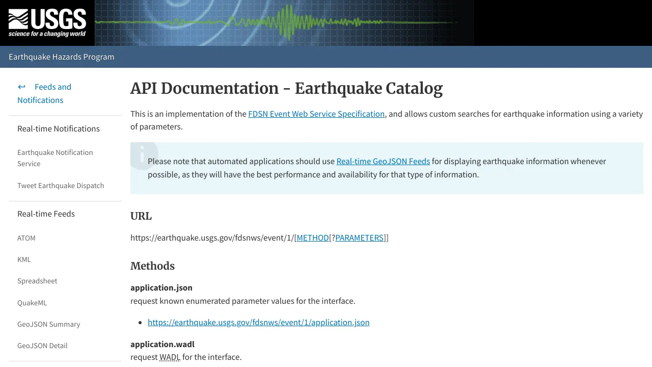 Screenshot of USGS Earthquake Hazards Program website