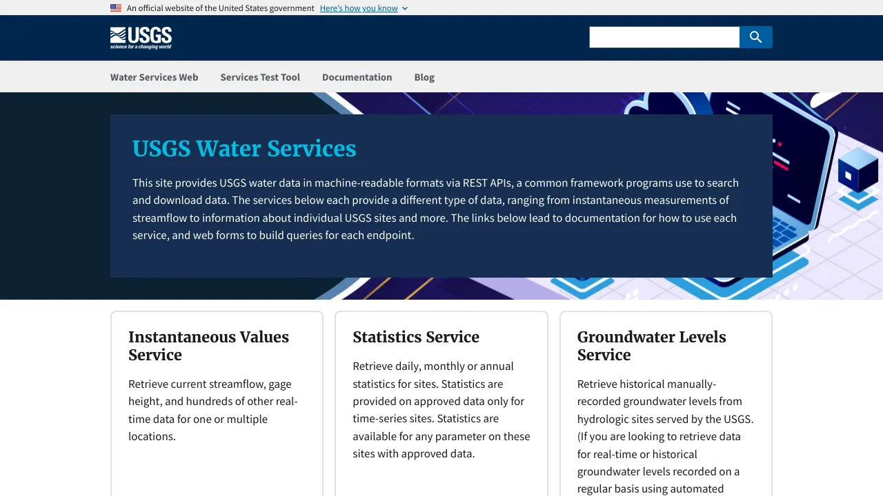 Screenshot of USGS Water Services website