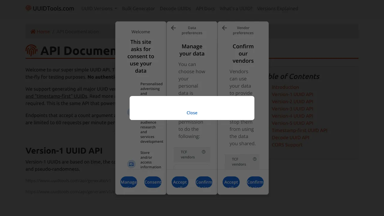 Screenshot of UUID Generator website