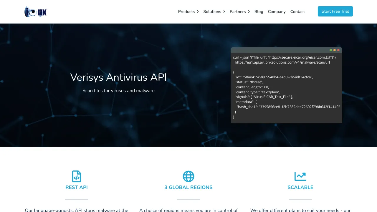 Screenshot of Verisys Antivirus API website
