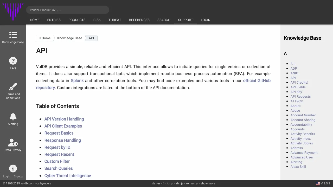 Screenshot of VulDB website