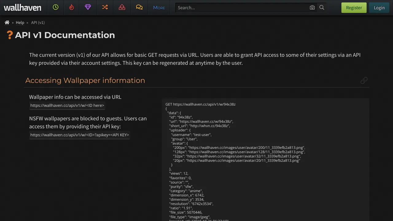 Screenshot of Wallhaven website