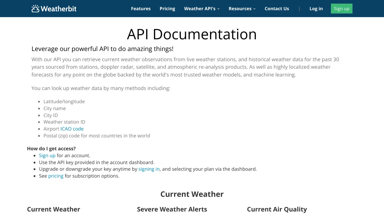 Screenshot of Weatherbit website
