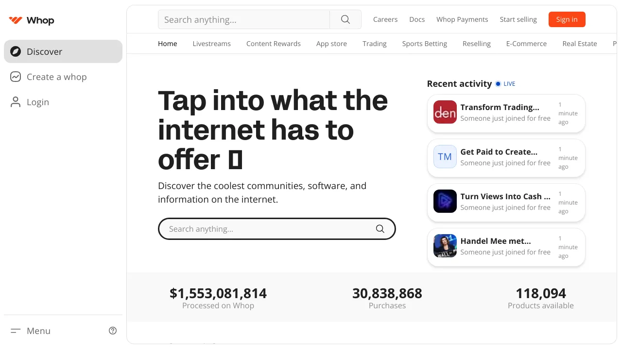 Screenshot of Whop website