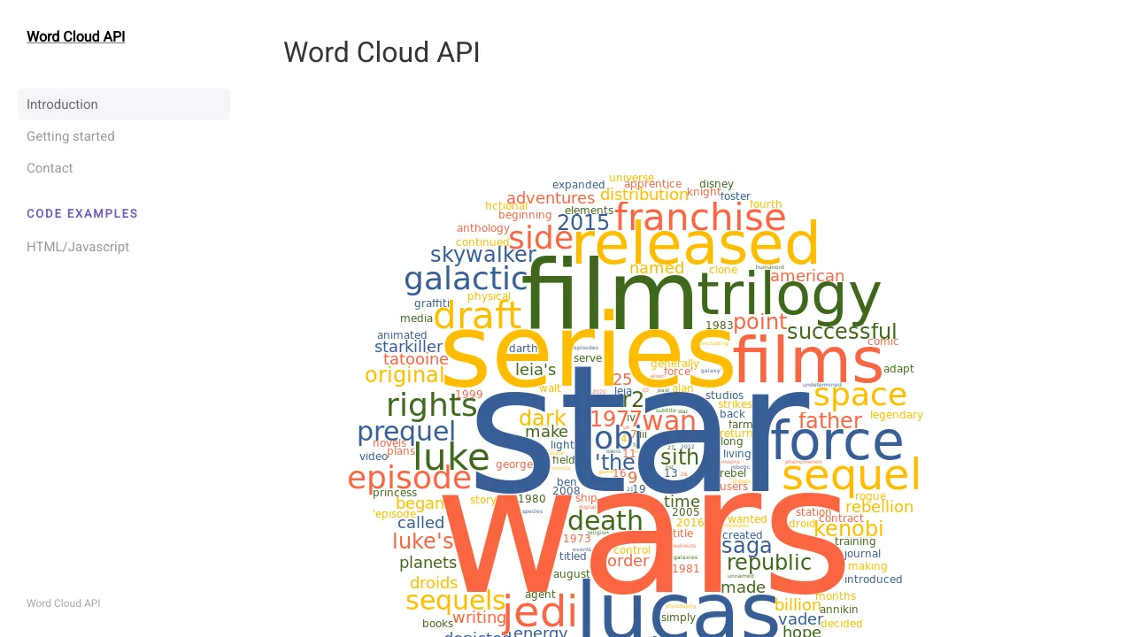 Screenshot of Word Cloud API website