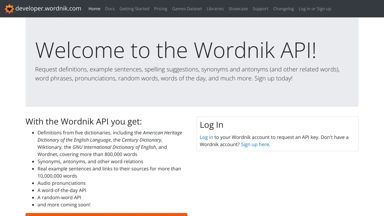 Screenshot of Wordnik website