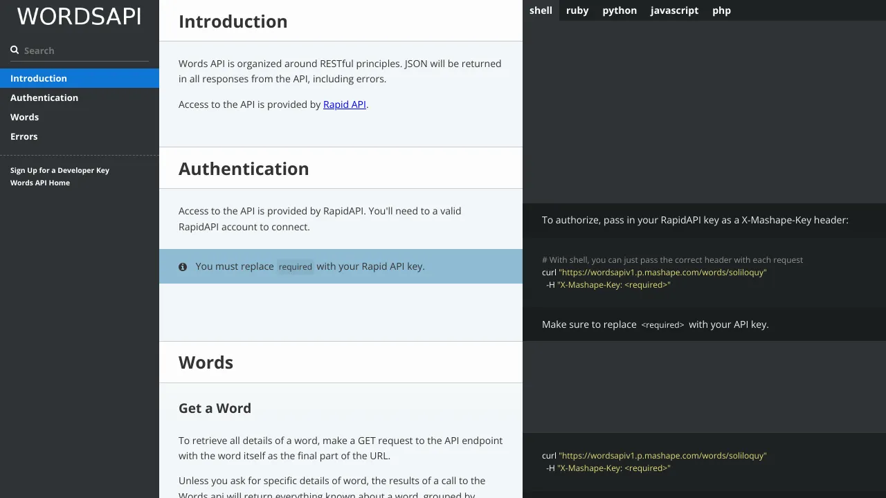 Screenshot of Words website